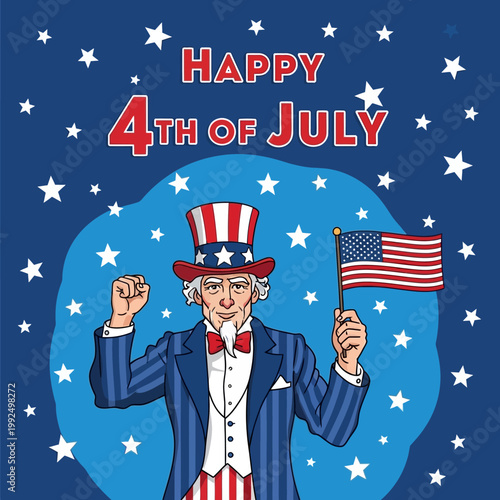 Patriotic illustration of a cheerful man in an iconic American costume celebrating national independence day with a waving flag