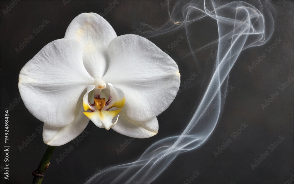Fototapeta premium White orchid blooms softly beside swirling smoke against a dark