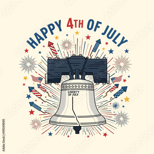 Vibrant vector illustration of a festive Independence Day celebration with dazzling fireworks illuminating a historic bell, embodying national pride and freedom and patriotic sparks
