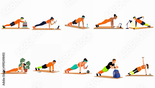 Set of various flat illustrations of people doing planks while multitasking with activities like reading, using a laptop, and gardening.