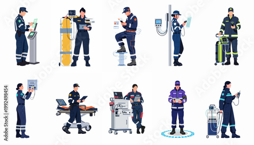 Flat vector illustrations of emergency medical personnel and paramedics using advanced digital technology and medical equipment in various scenarios.