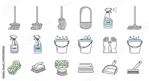 Cleaning Tools and Supplies Icons Set: Mop, Broom, Sprayer, Bucket, Gloves, Sponge