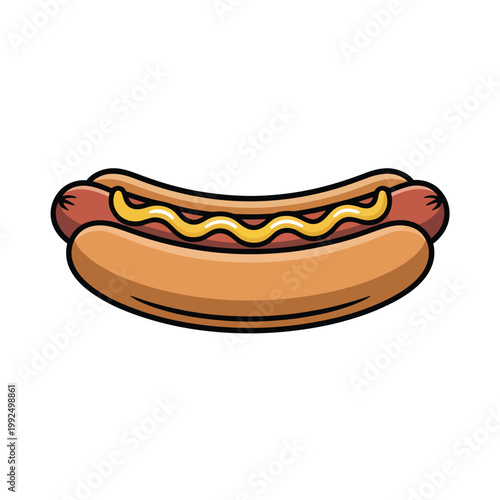 Hot dog bun filled with a savory sausage and a stripe of yellow mustard sits centered against a plain white background.