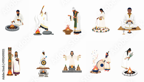 Illustration set of diverse people performing various spiritual rituals, religious ceremonies, and sacred traditions involving fire, prayer, incense, and meditation in traditional robes.