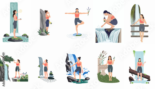 Vector illustrations set of a woman practicing yoga, meditation, and breathing exercises near waterfalls for wellness and mindfulness in nature.