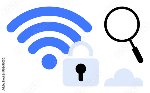 Network security concept. Network security visuals include wireless, lock, magnifying glass, and cloud. Network security for data privacy, system protection, and digital communication. Perfect