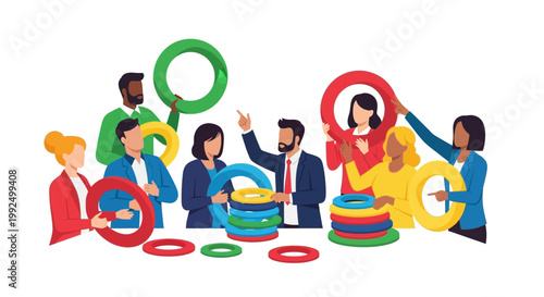 Diverse group of people playing with colorful rings.