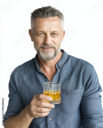 A confident man holding a glass of whiskey, wearing a casual blue shirt. His gray hair and beard add to his distinguished look, set against a white isolated background.