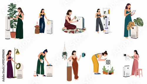 Illustrations of women interacting with various air purifiers and smart home gadgets to maintain clean air and healthy indoor environments.