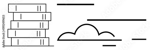 Knowledge sharing, education, cloud computing, data storage, digital resources, library concepts. Line art stacked books and a cloud design. Knowledge sharing and education theme