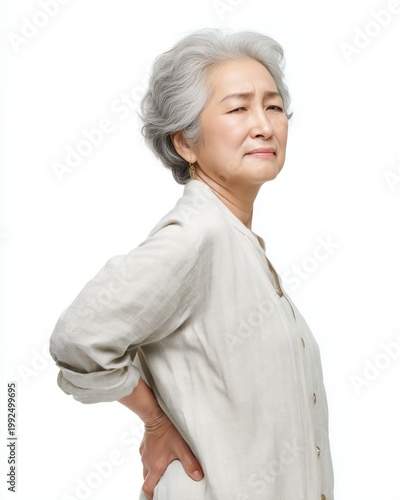 Elderly woman with gray hair, expressing a thoughtful demeanor, isolated on a white background.