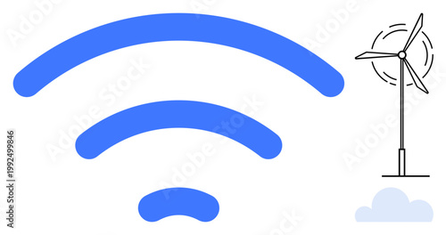 Renewable energy, wireless technology, sustainable development, clean energy, eco-friendly initiatives, communication. wireless symbol next to a wind turbine. Renewable energy and wireless technology