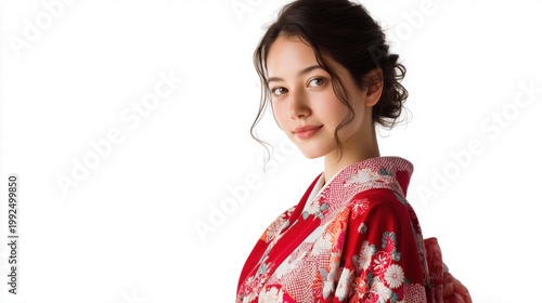 Young woman in a traditional kimono, showcasing elegance and cultural heritage against a white isolated background.