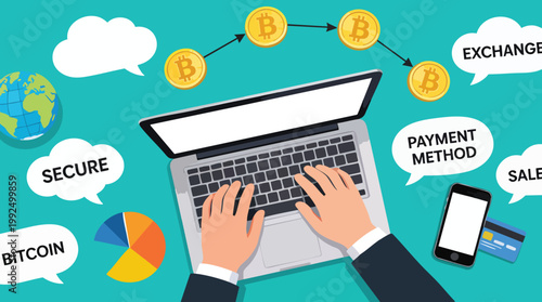 Bitcoin Cryptocurrency Mining, Exchange, and Secure Online Payment Concept