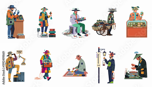 Conceptual illustrations of characters recycling, selling, and crafting with repurposed artificial intelligence chips in a unique, patchwork-inspired futuristic marketplace setting.