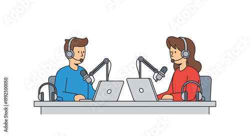 Two people podcasting with headsets and laptops.