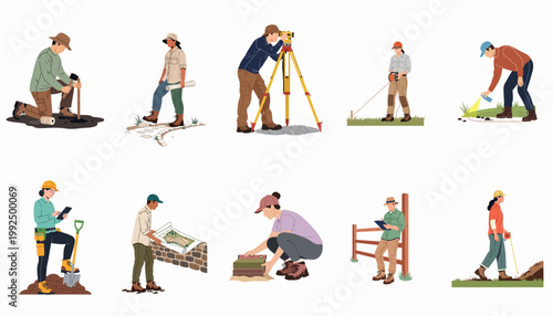 Collection of diverse professionals engaged in land surveying, site planning, and construction preparation activities, flat vector illustration set isolated on white.