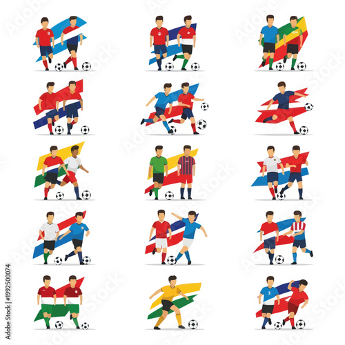 Soccer Teams Competing, National Flags, Football Players Action