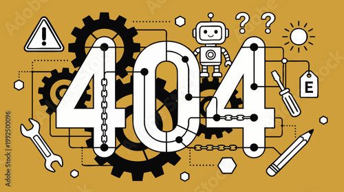 404 Error Page Not Found Website Maintenance Line Art Illustration on Golden Yellow