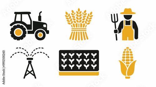 Agriculture Icon Set Tractor, Harvest Wheat, Farmer, Irrigation, Crops  Corn