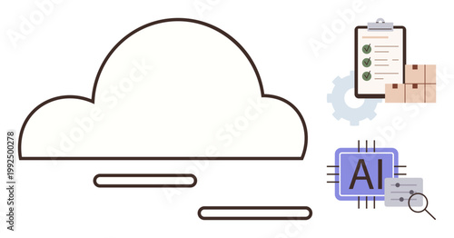 Cloud technology, AI applications, data processing, automation, logistics solutions, digital workflows. Cloud icon, AI chip checklist with boxes. Cloud computing and AI applications concept