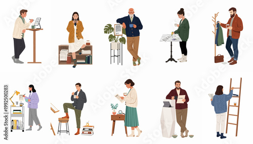 Set of diverse people in cozy autumn clothing working from home, reading contracts, and drinking coffee in a hygge lifestyle flat vector illustration.