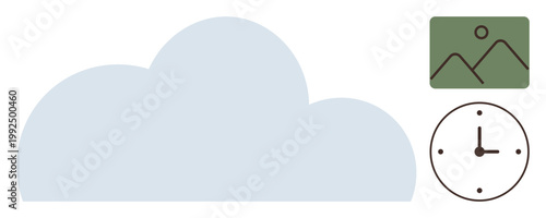 Cloud storage, digital archiving, media files, organization, time management, computing. A cloud, image and clock icons. Cloud storage and digital organization concept