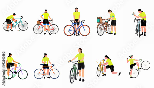 Set of vector illustrations of women in yellow jerseys performing various bicycle-related activities like maintenance, preparation, and riding on white background.
