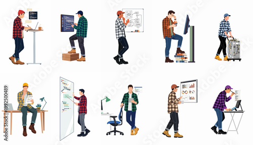 Collection of software developer illustrations showing men in flannel shirts coding, planning, and managing IT infrastructure in various work scenarios.