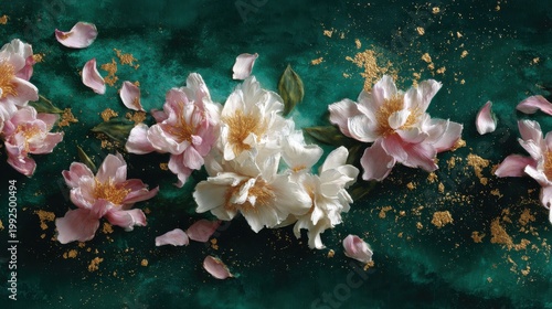 An explosion of peony petals scattering across a deep dark green velvet background, accompanied by gold dust. Luxurious 3D sculptural relief