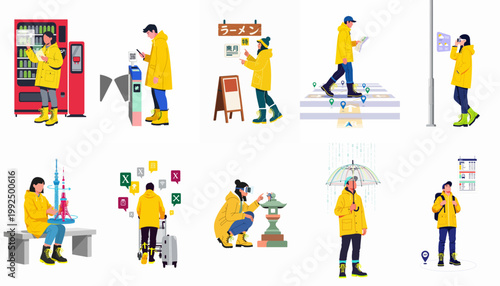 Flat vector illustrations of travelers in yellow raincoats using augmented reality and smart city technology for navigation, shopping, and entertainment in an urban environment.