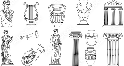 Antique greek sculptures cartoon vector set.