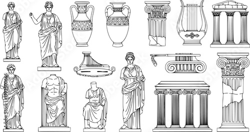 Antique greek sculptures cartoon vector set.