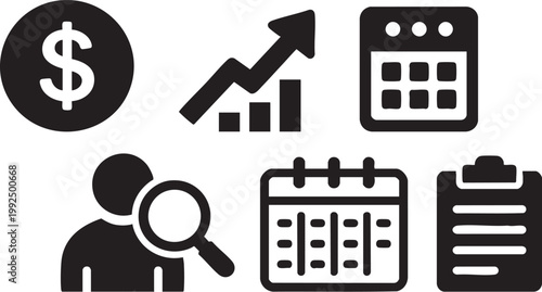 Work Icon Set: Salary, Career Growth, Job Search, Schedule, and Business Report