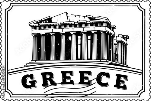 Vintage stamp illustration featuring the parthenon and the name greece
