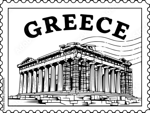 Vintage stamp illustration featuring the parthenon and the name greece
