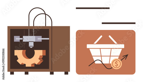 3D printing, technology innovation, e-commerce, manufacturing trends, digital marketplace, business growth. A 3D printer with a gear and a shopping basket with a rising graph. 3D printing