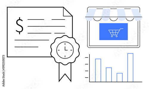 E-commerce, business analytics, certification, online shopping, market trends, sales growth. Certificate with ribbon, storefront with shopping cart bar chart. E-commerce and business analytics