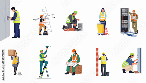 Vector Illustration Set of Diverse Professional Workers in Safety Vests Performing Maintenance, Security, Construction, and Logistics Tasks on White Background