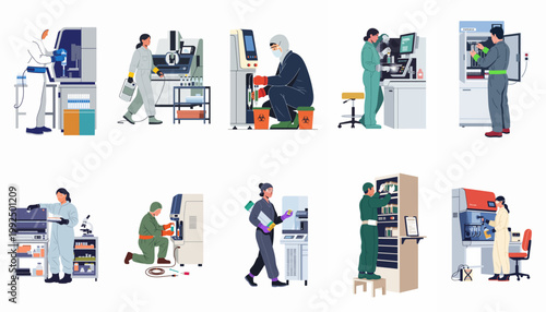 Professional Laboratory Workers and Scientists in Protective Gear Operating Advanced Medical and Research Equipment in a Modern Lab Environment