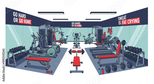 Modern Gym Interior with Exercise Equipment and Motivational Signs