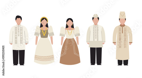 Diverse group of people in traditional Filipino attire standing together.