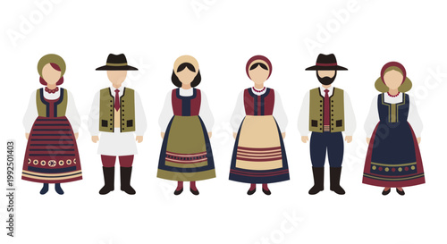 Diverse Group of People in Traditional European Folk Costumes.
