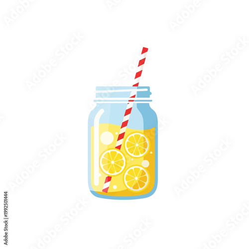 Refreshing lemonade in a jar with lemon slices and a striped straw, perfect for summer drinks and outdoor enjoyment