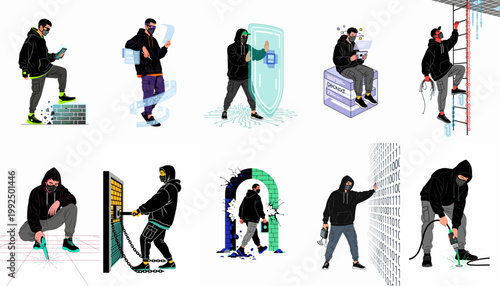 Vector Illustration Set of Hackers and Cybercriminals Performing Digital Attacks, Data Breaches, and Bypassing Security Firewalls in a Virtual Environment