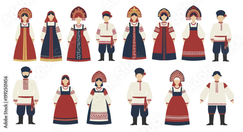 Diverse Group of People in Traditional Russian Folk Costumes.