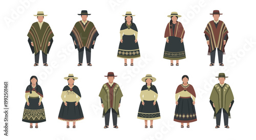 Diverse Group of People in Traditional South American Attire Standing Together.