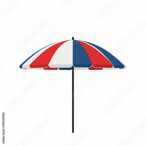 Vibrant red, white, and blue striped beach umbrella providing essential sun protection and shade for summer vacations and outdoor leisure activities, a classic symbol of relaxation and holiday fun
