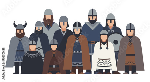 Diverse group of Viking warriors standing together in traditional attire.