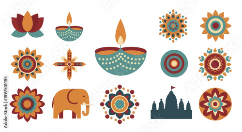 Diwali Festival Symbols Including Elephant Temple Lotus Flowers and Diyas.